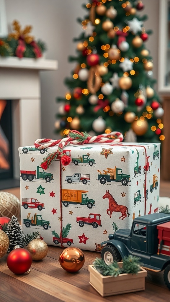 Christmas gift wrapped with truck-themed decorations in a cozy living room.